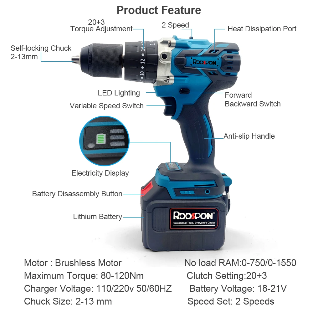 20v Brushless Hand Electric Screwdriver 2-13MM Chuck Cordless Drill 20+3 Torque Impact Drill For 18V Makita Lithium Battery Tool