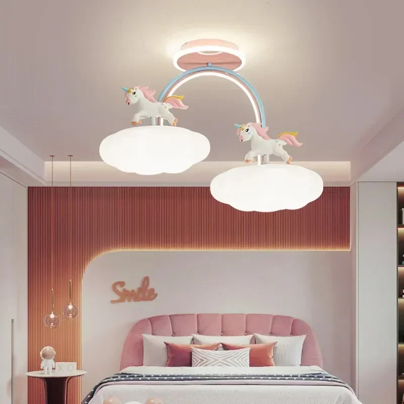 New style children's room chandelier cartoon cloud unicorn eye protection lamp girl princess  bed hanging  luster