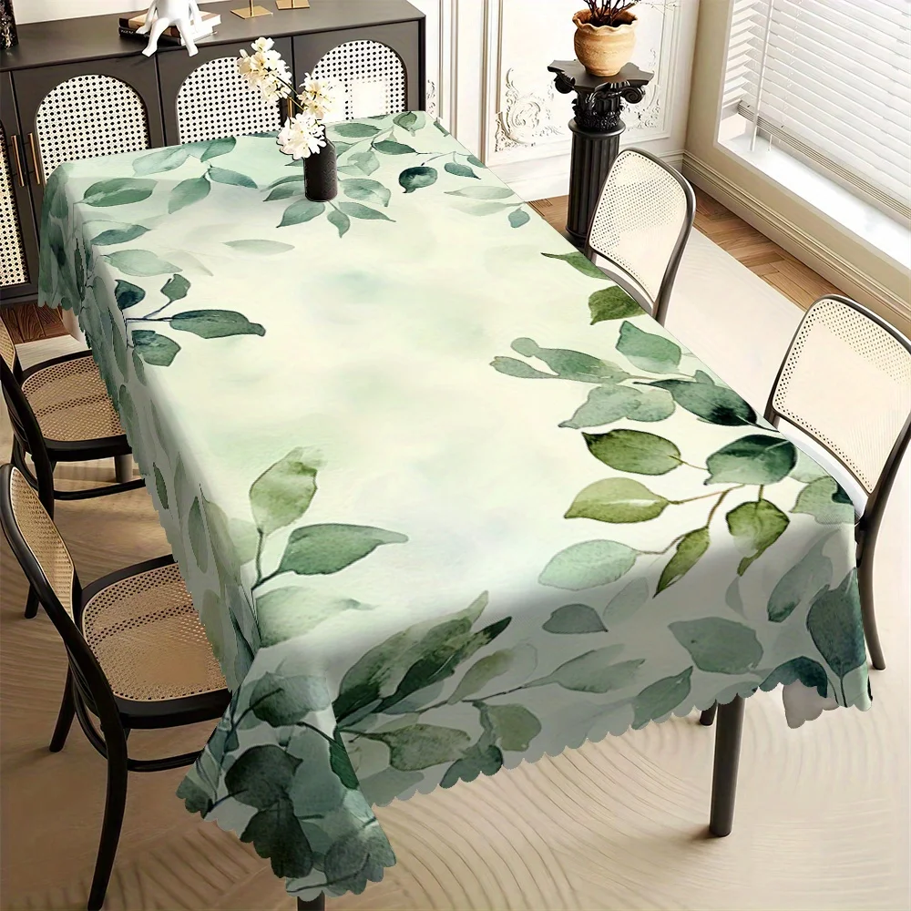 1 Stück rechteckige Tischdecke mit Eukalyptusblatt-Print, Polyester-Twill mit gewelltem Rand, natürlicher Stil für Esszimmer, Küche, Party