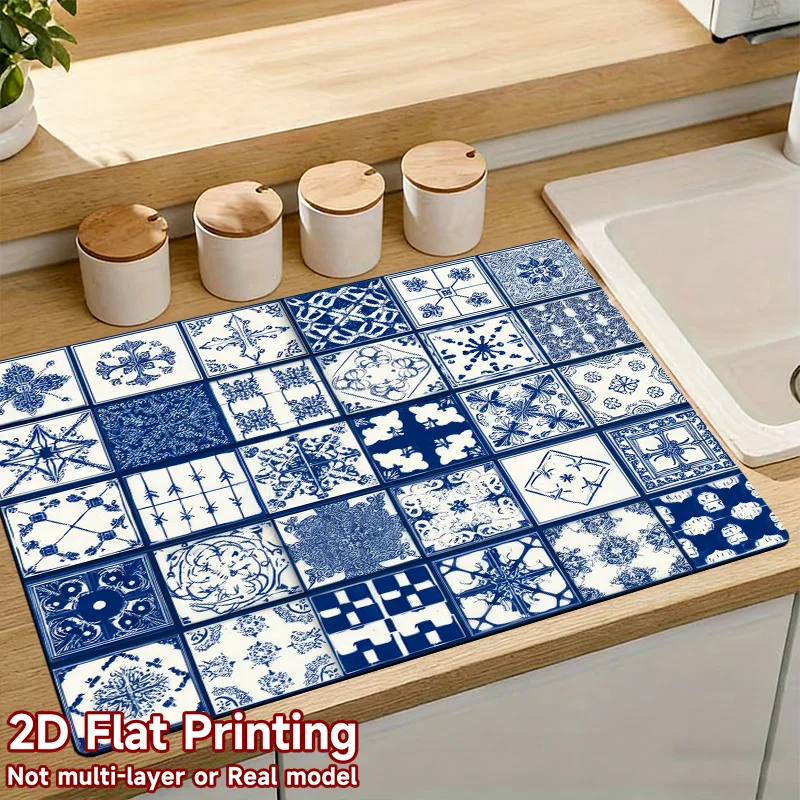 VIKAMA Blue and White Ceramic Tile Drain Pad Water Absorbing, Anti slip Drainage Pad Quick drying Tableware Pad Home Decoration