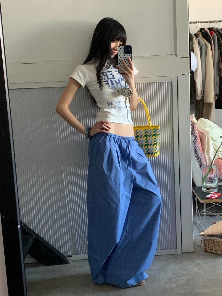 Dopamine Blue Casual Pants Women's Summer Design Sense Drawstring Loose Straight Leg Wide Leg Pants Draping Long Pants