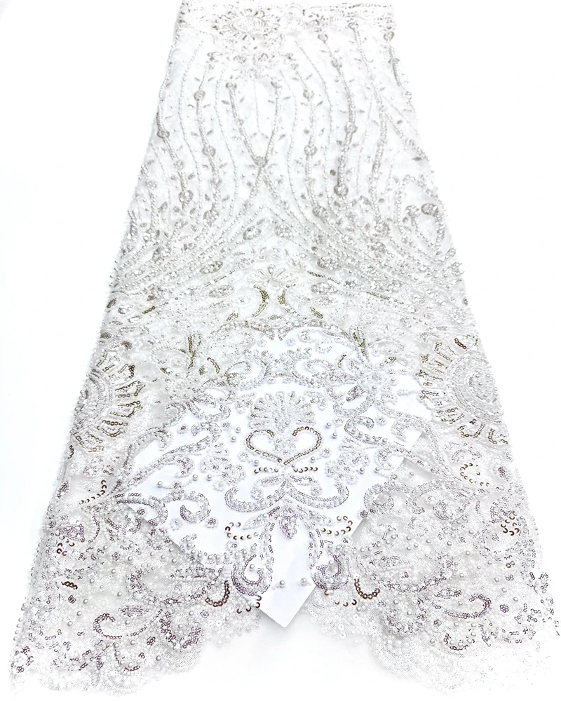 

African Beaded Lace Fabric Tulle Mesh with Sequins Embroidery 5 Yards French Style for Weddings And Party Dresses