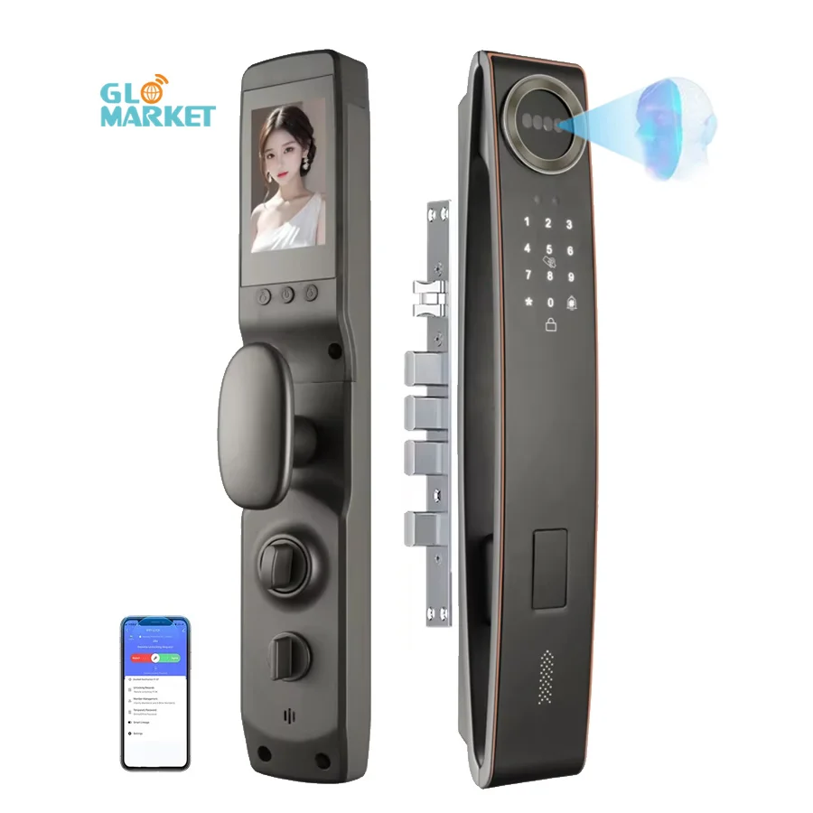 

Glomarket Новое 3D распознавание лиц, цифровое приложение по отпечатку пальца, удаленный отпечаток пальца, разблокированный умный замок с камерой