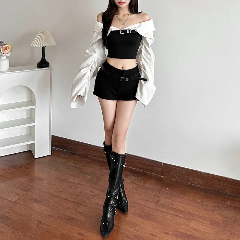 Seksowny top damski z odkrytymi ramionami, w kolorze blokowym, z podkreśloną talią i odkrytym pępkiem, cienki, dzianinowy na jesień.