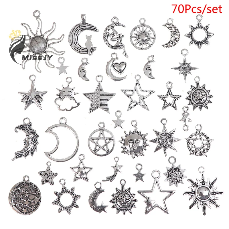 

70pcs Sun Moon Stars Charms Pendant For Diy Jewelry Necklace Bracelet Making