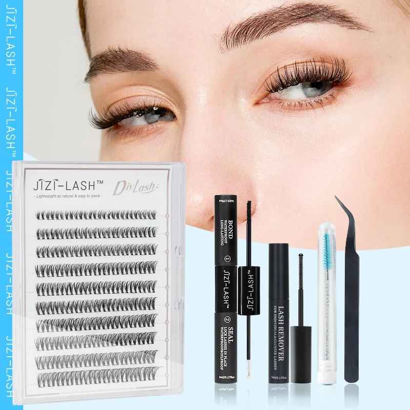 

JIZI-LASH DIY Eyelashes Clusters D Curl Mix False Eyelashes Natural Lightweigh Eyelashes Glue Tweezers Brush Kit Makeup Tools