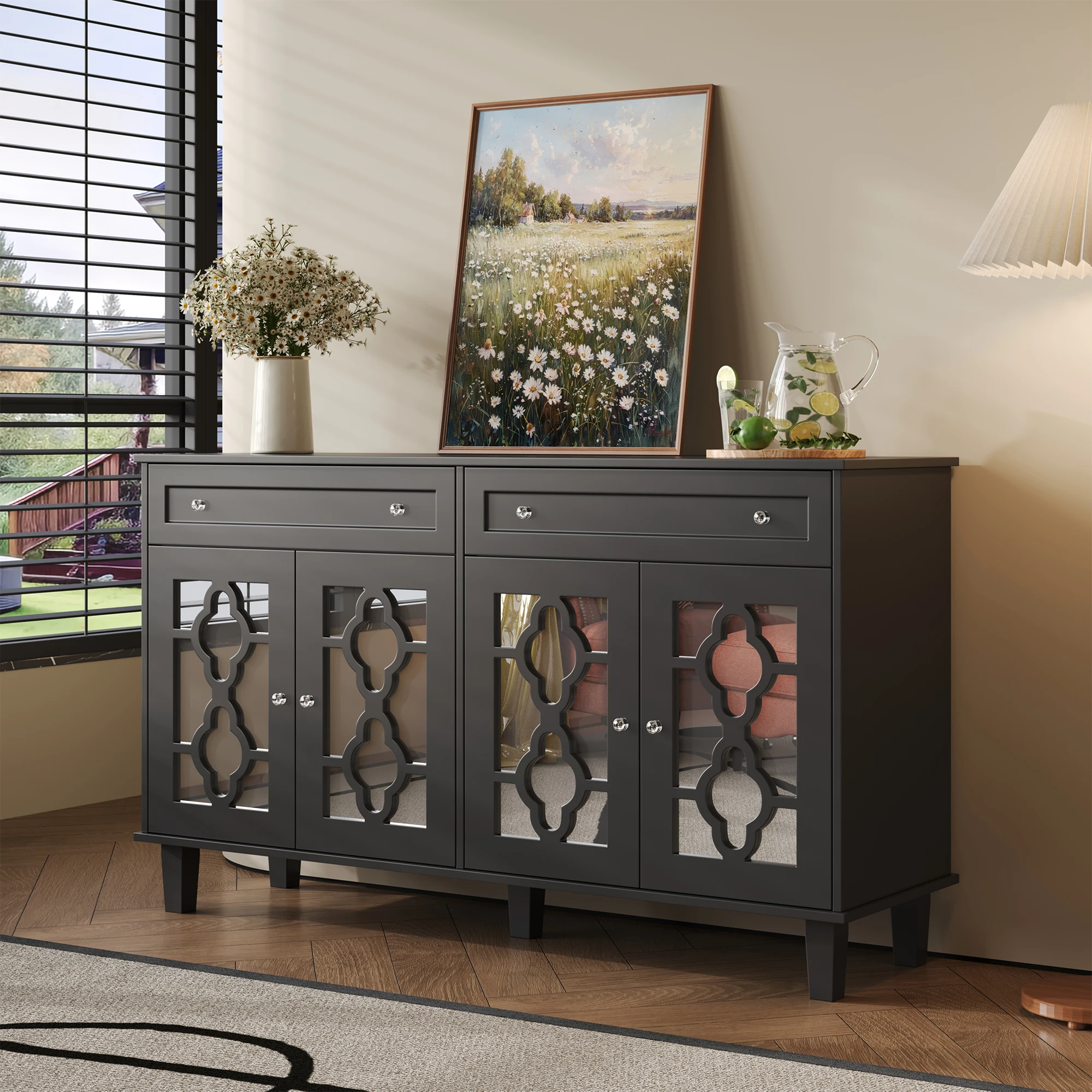 Sideboard with Four Mirror Doors, Drawer wardrobe with Drawers, Adjustable Shelves and Crystal Handles, Elegant Mirror