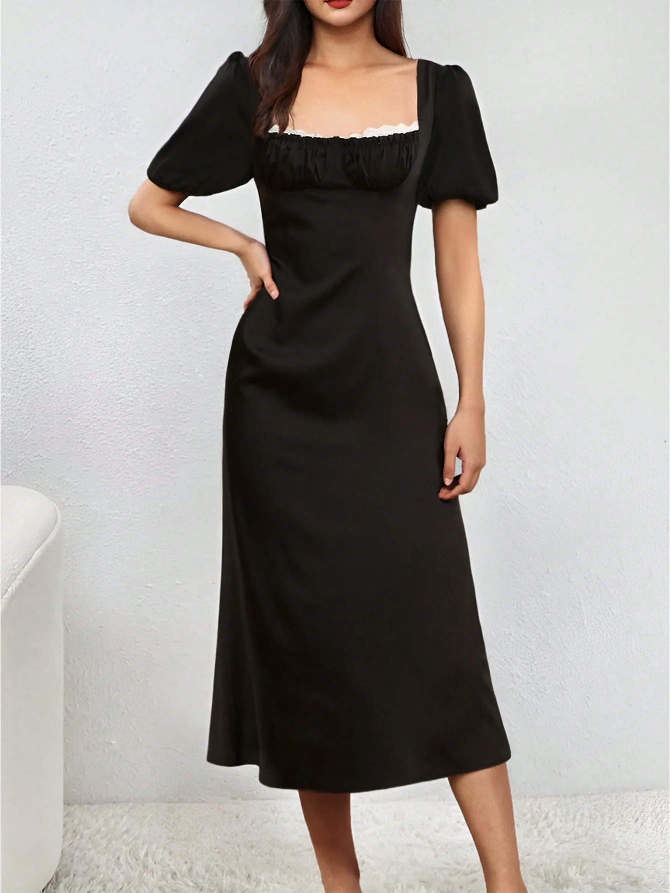 Ael vestido feminino primavera break elegante vestido de pescoço quadrado com babados em camadas alça de renda detalhe feminino linha a plissado para um