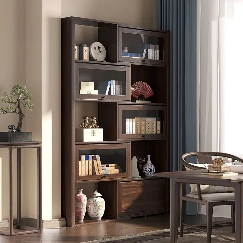 American solid wood telescopic bookcase, locker integrated with glass door floor-to-ceiling whole wall bookshelf display, living