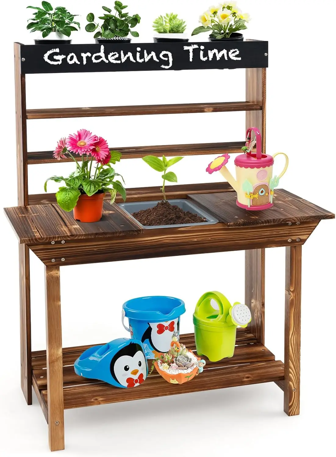 

Mud Kitchen, Fir Wood Kids Potting Bench Table, Removable Sink, 4 Planting Cups, Chalkboard, Outdoor Play Kitchen for Toddlers,