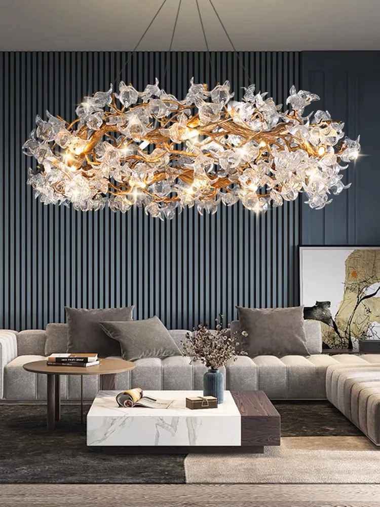 Modern LED Branches Ceiling Chandeliers Glass Crystal Pendant Lamp Handmade Kapok Flower Hanging Light Lustre Home Decor Fixture