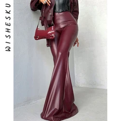 Women High Waist Faux Leather Flare Pants Punk Grunge PU Casual Ladies Trousers 2024 Spring Fall Harajuku Y2K Clothes