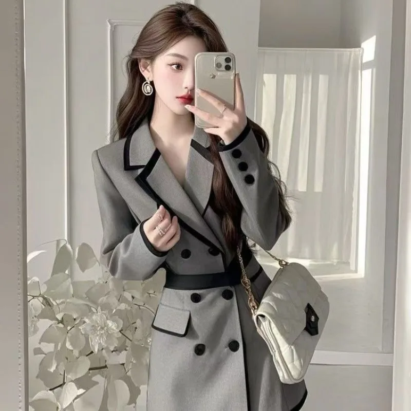 

Grey Elegant Patchwork Blazer Women Jacket 2025 Spring Double Breasted Slim Elegant Office Lady Formal Blazer Dress Lady Coat