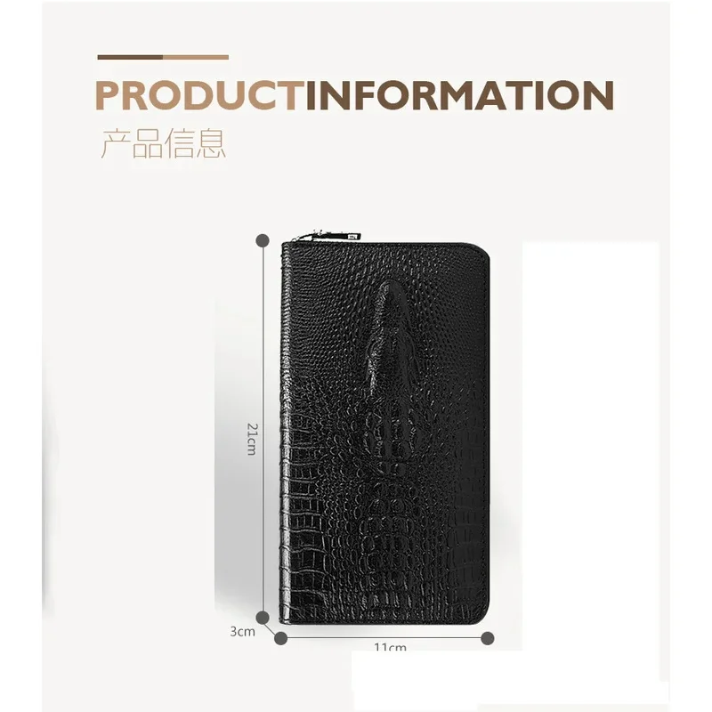 genuine Leather Long Purse Zipper Money Clip Black Business cowhide Wallet Male Luxury Brand crocodile patterned Men Clutch Bag - view 4