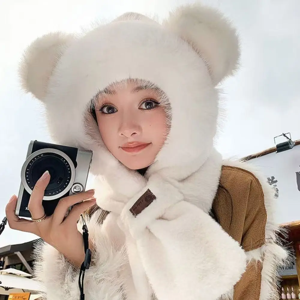 Cute All-in-one Women Hat Scarf Warm Thickened Anti-freezing Beanies Cap Anti Cold Wind Cycling Hooded Women