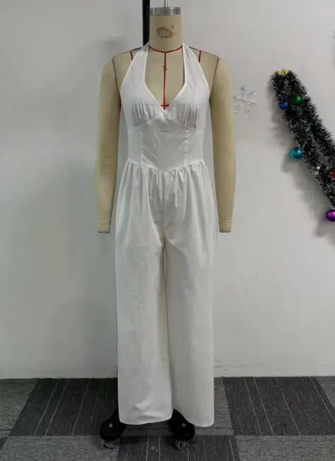 

Jumpsuit Women 2025 Spring Summer New Solid Color Elegant Neck Hanging V-Neck Backless Slim Fit High Waist Wide Leg Jumpsuit