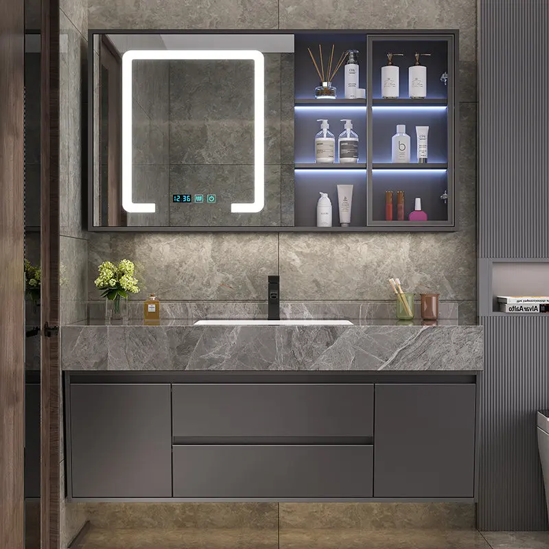 

Modern simple rock slab ceramic seamless integrated basin bathroom cabinet combination washstand