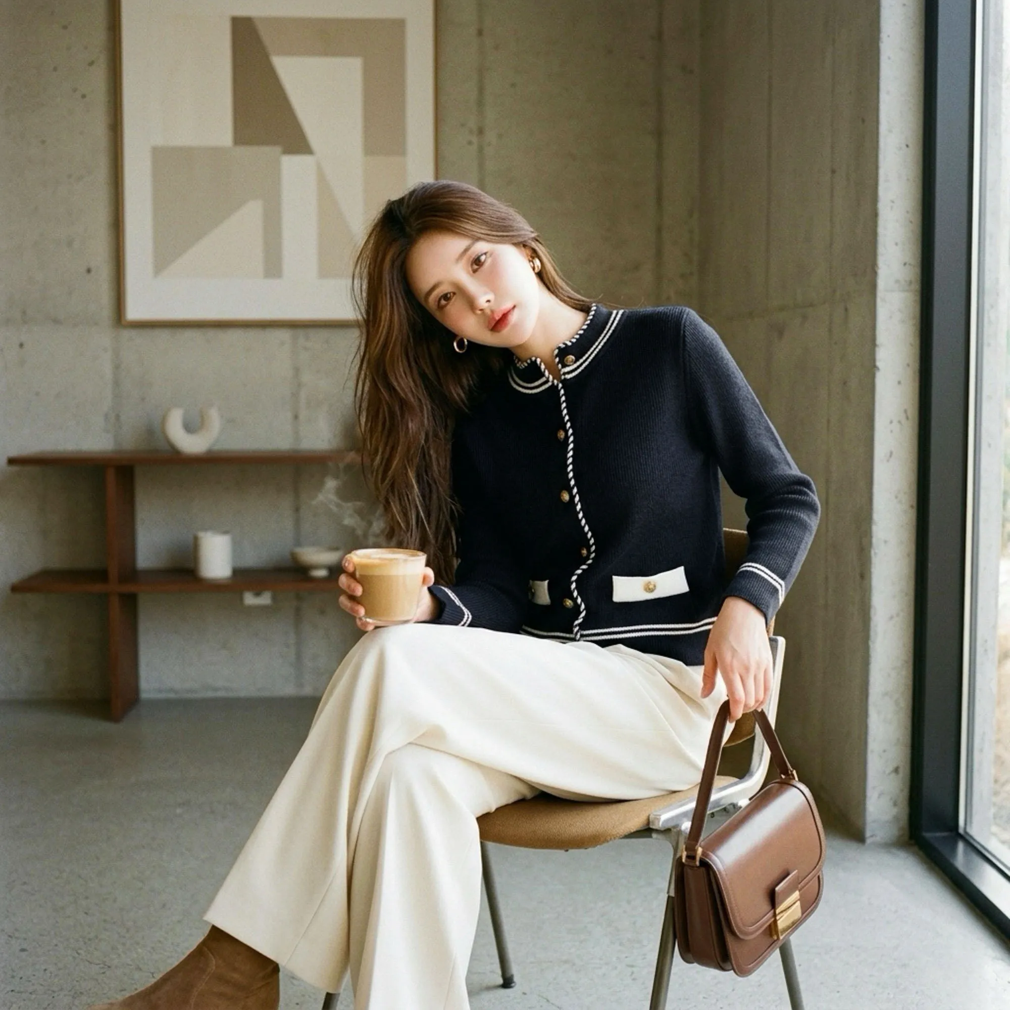 Elegant Tweed Style Knit Cardigan Autumn Women Contrast Trim Single Breasted Crewneck Sweater Jacket Metal Buttons DM3CZK010