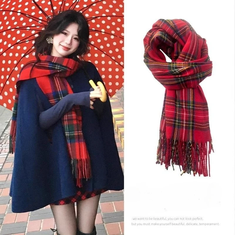 

Atmosphere~ Red Plaid Scarf Women's Winter New Cashmere Wool Shawl Scarf Versatile To Keep Warm