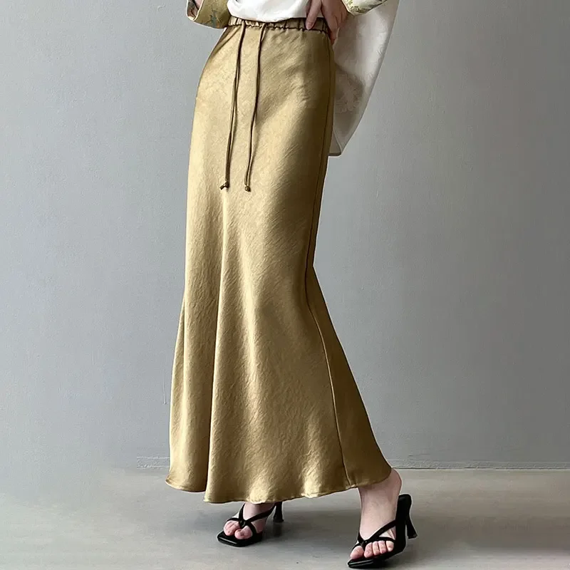 

2025 New Arrival Women Office Lady Elegant A-Line Long Skirt High Waist Satin Skirt Spring Maxi Skirt Temperament Simple Solid