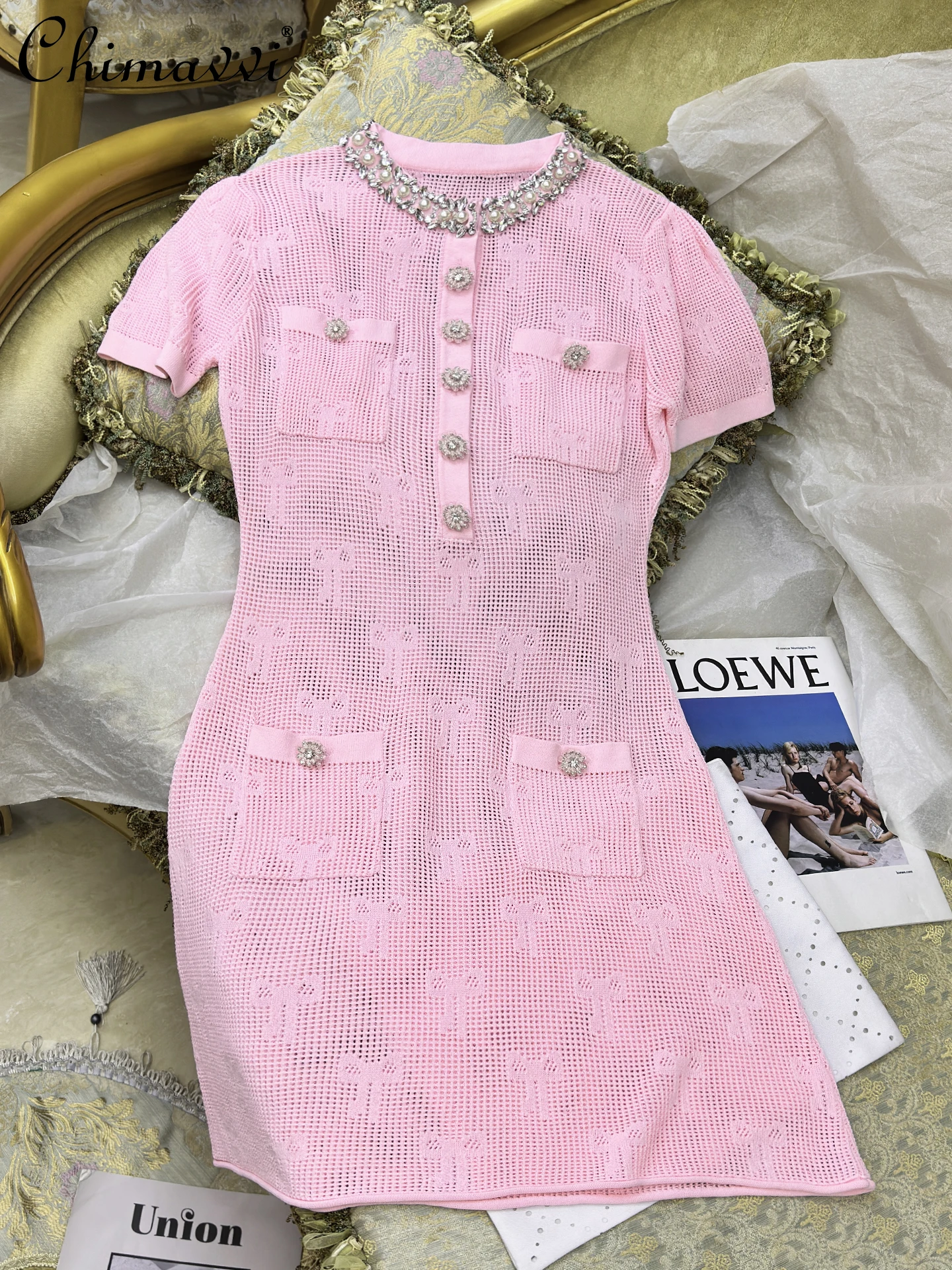 

2025 Summer New Fashion Round Neck Short-sleeved Knitted Dress French Hollow Perspective Sexy Heavy Nail Diamond Pink Girl Dress