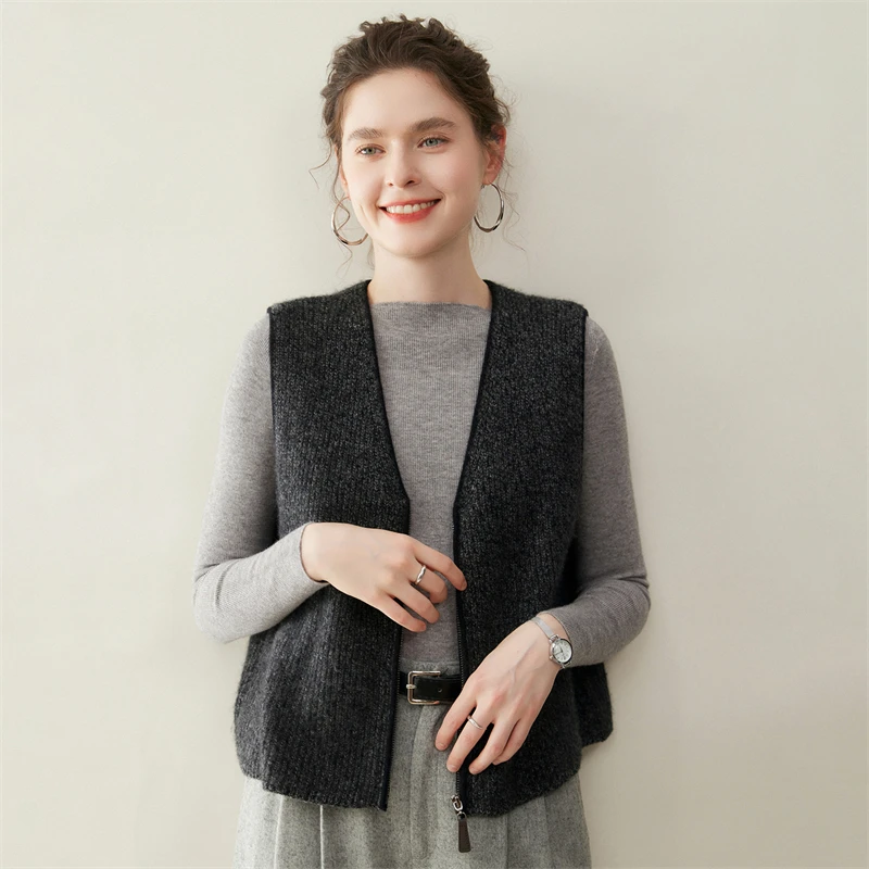 

New Chic Autumn Winter V-Neck Zipper Vest Woman 100% Cashmere Waistcoat Sleeveless Cardigan Casual Knitted Cashmere Sweater