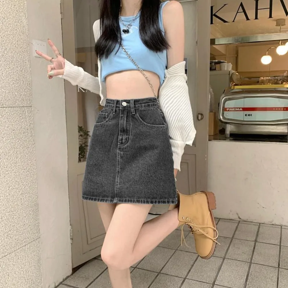 American Hot Girl Design Denim Skirt for Women 2024 Summer New Style Black and Gray High Waist A-line Hip Skirt Short Skirt