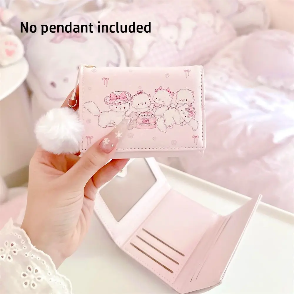 Portable Kawaii Cat Print Short Wallet PU Leather Multipurpose Money Bag Pink Foldable Coin Purse Women Girl Travel