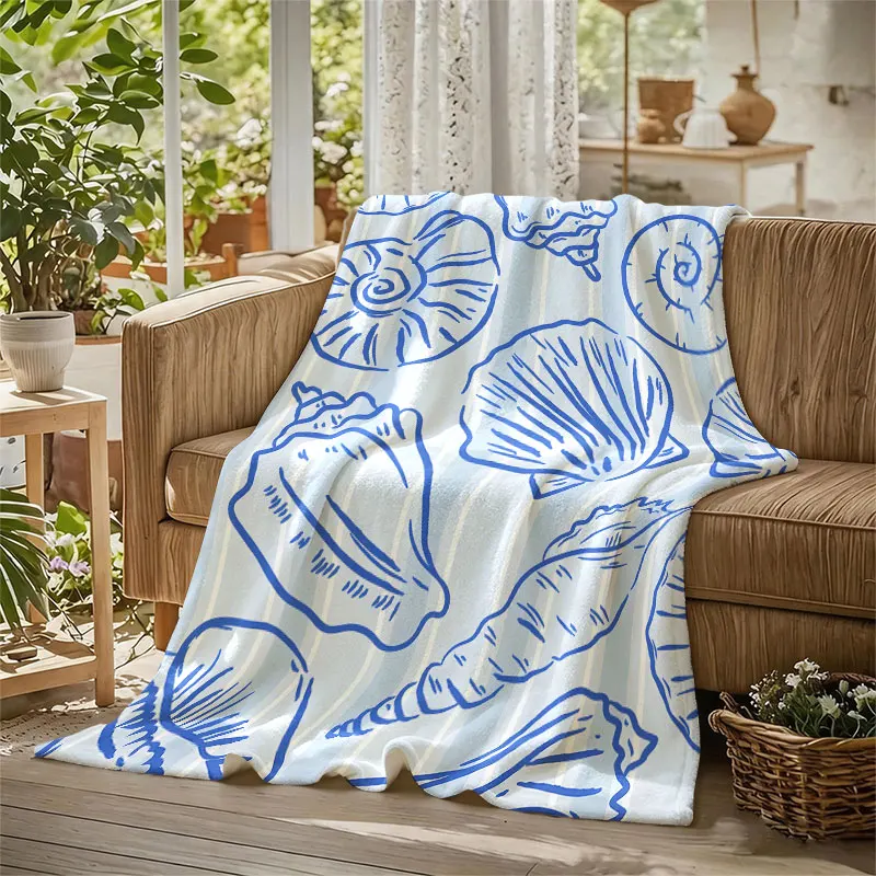 Seashell Sketch Flannel Blanket Warm Soft Halloween Christmas Decorative Couch Warm Cozy All-Season Gift