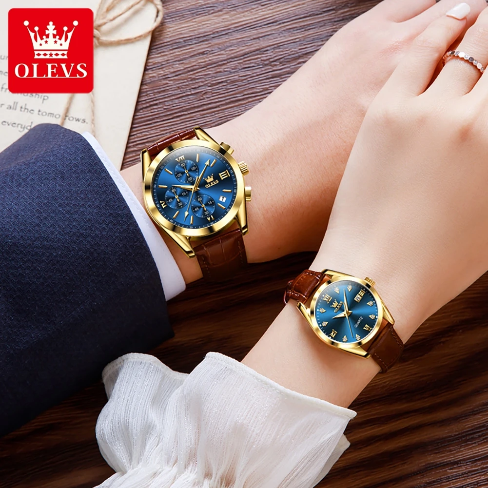 OLEVS-relojes de cuarzo para parejas, reloj de pulsera de cuero de lujo, resistente al agua, informal, a la moda, para parejas