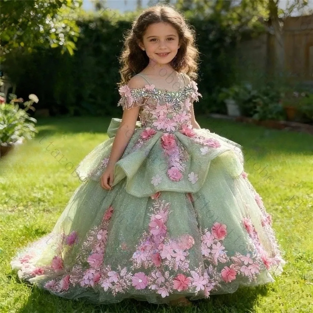 Customized Sage Green Off Shoulder Kids Pageant Gown Spaghetti Strap 3D Pink Floral Applique Multi Layer Glitter Garden Wedding