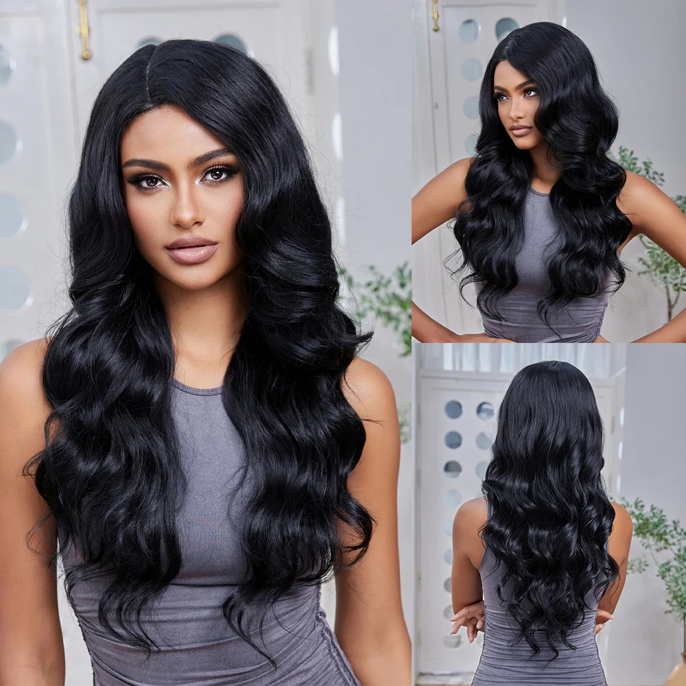 

Charmsource Long Wave Black Part Lace Wigs for Women Daily Natural Synthetic Lace Hair Wig Female