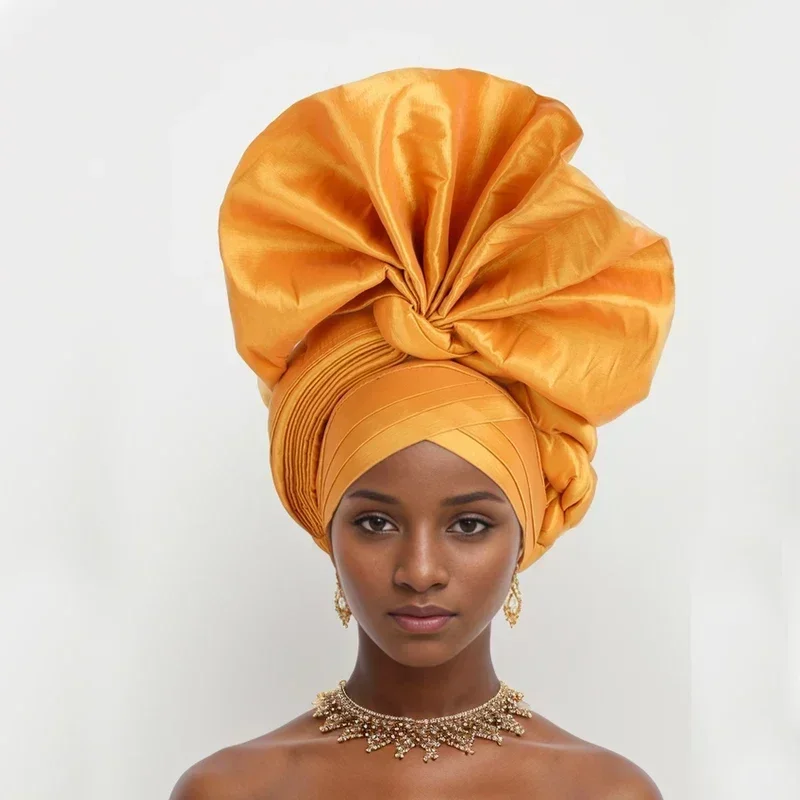 

Nigeria Raw Silk Fan Gele Wedding Party Head Wraps Headwear Female Headbands 2024 African Women's Autogele Already Made Headtie