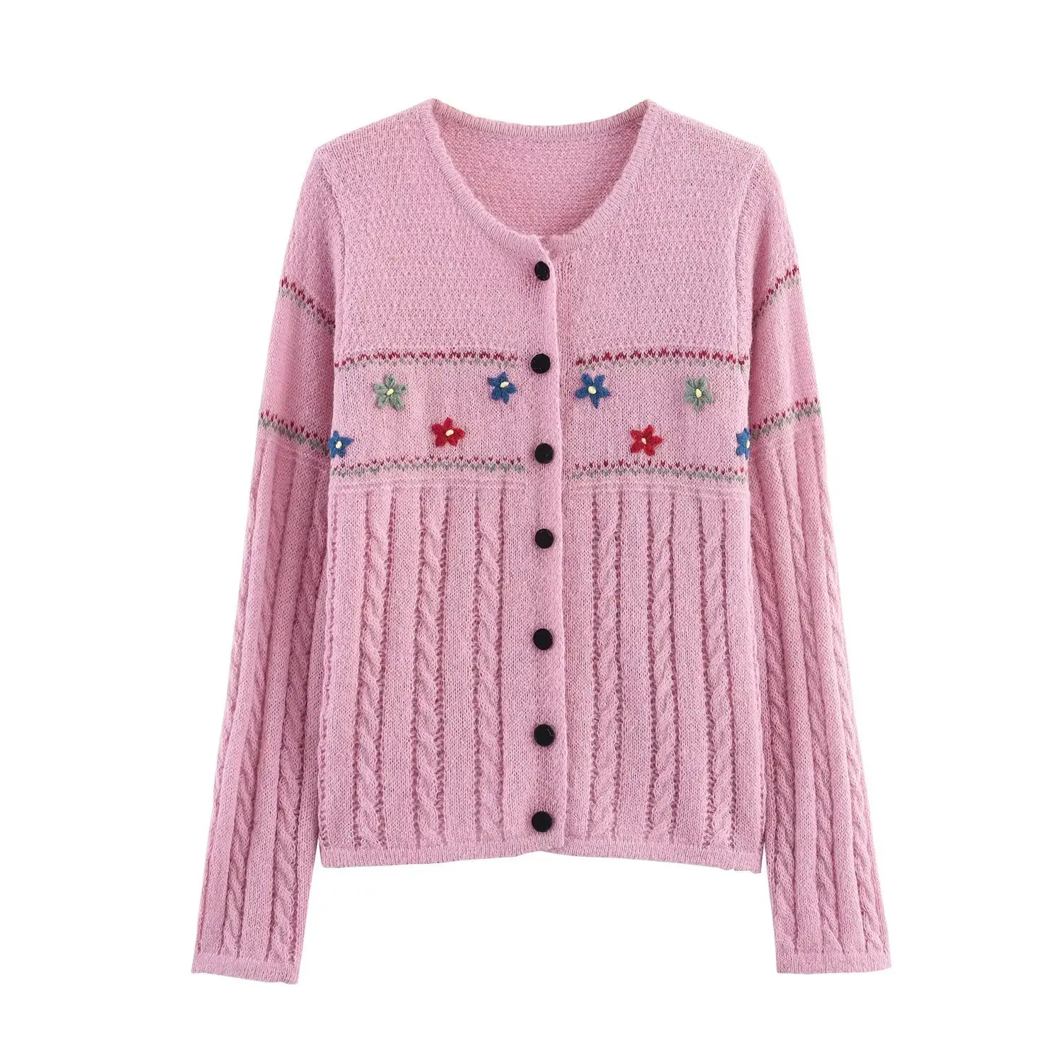 Camicia lavorata a maglia ampia vestibilità floreale con ricamo floreale monopetto a maniche lunghe casual nuova moda autunnale per donna, 3 colori