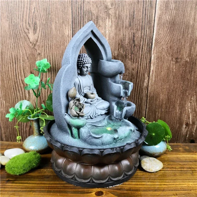 Indoor Air Humidifie Waterfall Fountain Office Tabletop Relaxation Fountain View with LED Light Lucky Feng Shui Buddha Statue view 2