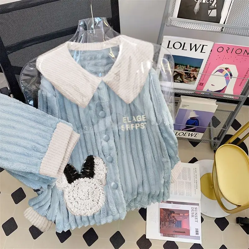 Flannel Pajama Women's Fall and Winter Coral Velvet and Velvet Thickening Warm Ins Sweet Bow Homewear Set Can Be Worn Outside