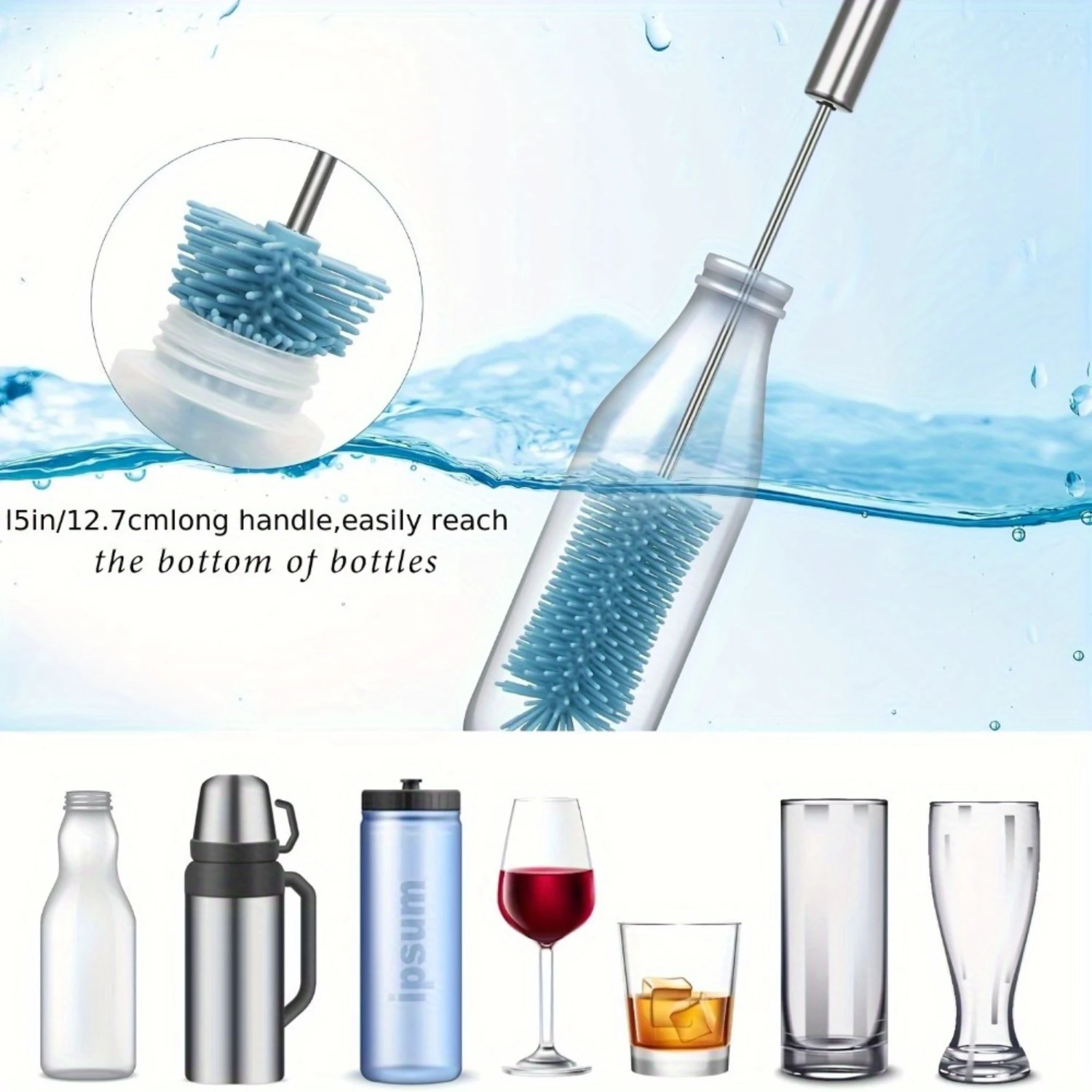 Silicone Bottle Cleaning Brush with Long Handle - 15 Flexible Bristle Water Bottle Brush Cleaner for Kitchen, Non- Rotating Nar