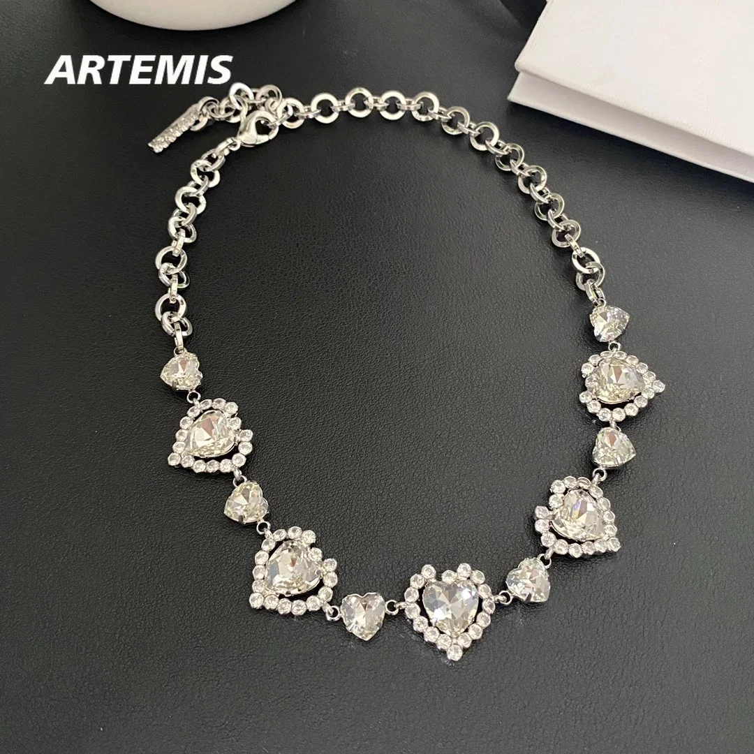 

European Luxury Jewelry Crystal Heart Chokers Silver Colour Necklace Women Famous Designer Brand Trend