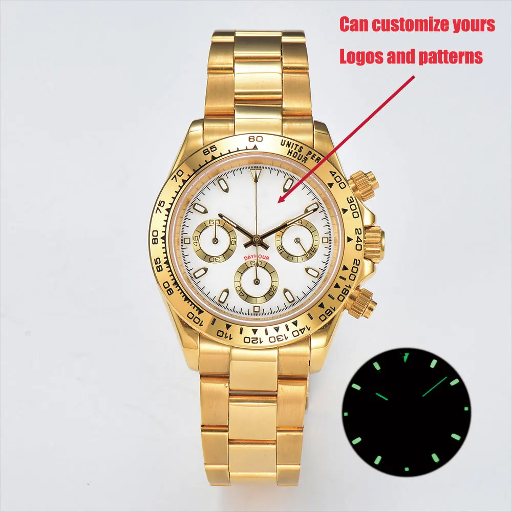 39mm Gold Men's Watch VK63 Movement Chronograph Sapphire Glass Luxury Business Custom Men's Waterproof Watch
