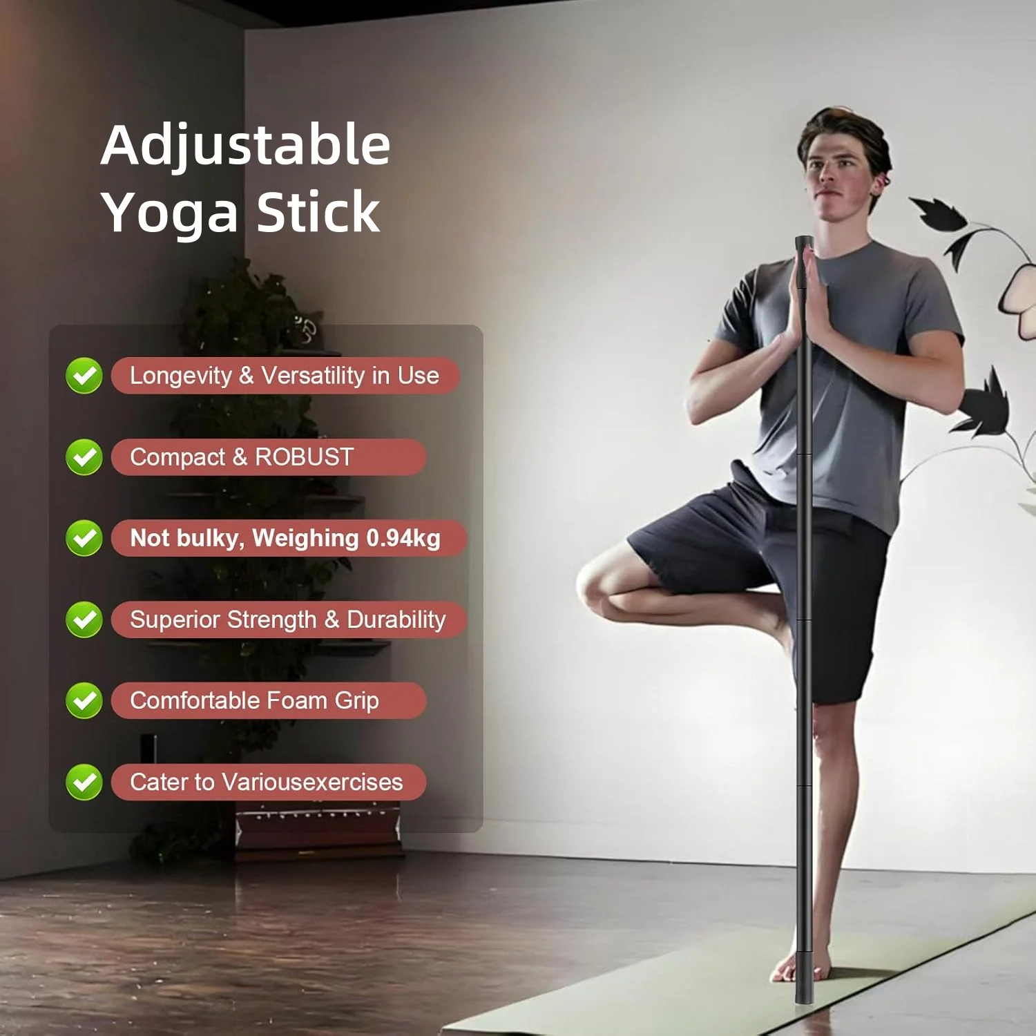 عصا اليوغا القابلة للتعديل مع مقبض غير قابل للانزلاق، عصا التمدد، عصا التنقل لمرونة الحركة والتوازن #5