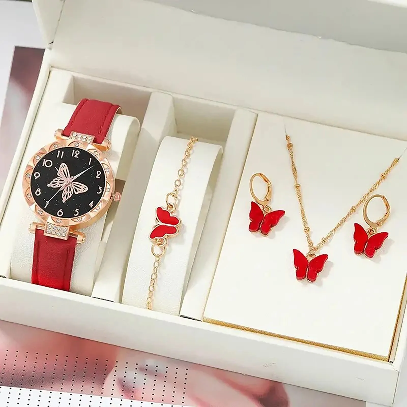 Luxury Watch Women Ring Necklace Earrings Bracelet Set Watches Butterfly Leather Strap Ladies Quartz Wristwatch No Box