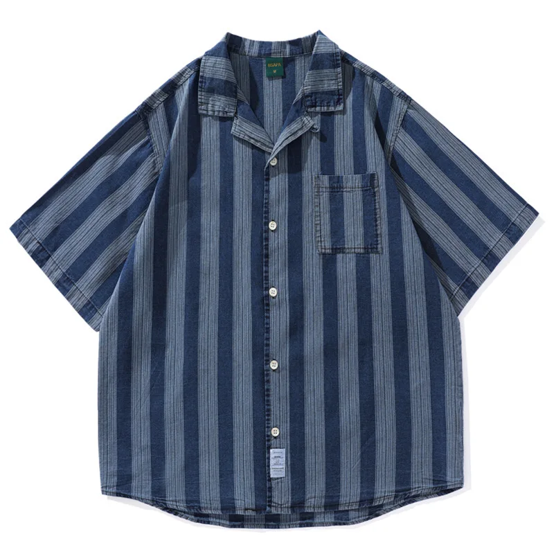 

Ретро-японская рубашка синего цвета с эффектом выварки, свободного кроя, с кубинским воротником, в полоску, из смесового хлопка, повседневная.