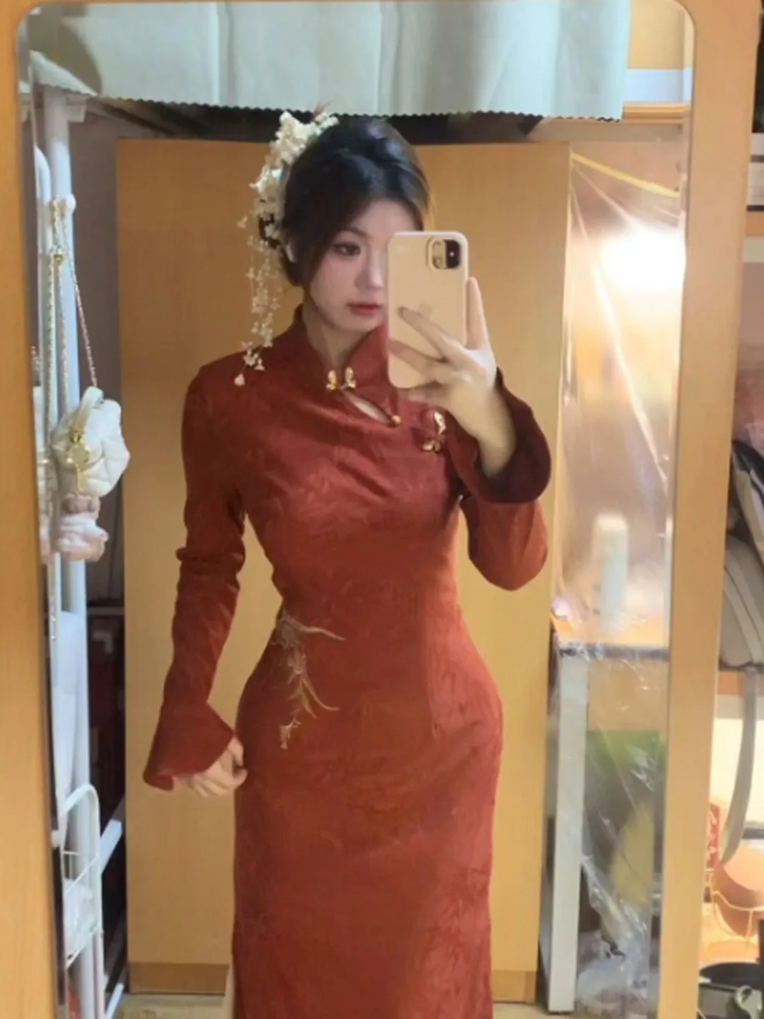 

Новогоднее платье-футляр в ретро-стиле, модное, красивое, с завышенной талией, из полиэстера, с длинным рукавом, Huafei