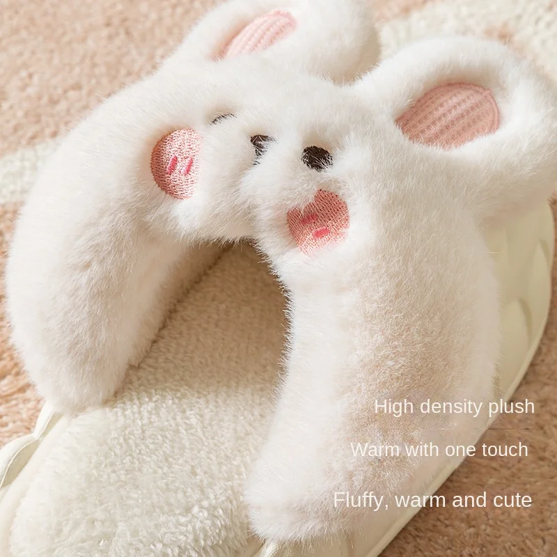 Mo Dou 2022 Winter Warm Women Slippers Waterproof Vamp Cute Rabbit Bear Decoration Indoor Outdoor Shoes Soft Plush Men Slippers