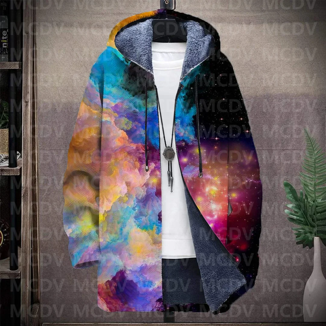 

Men's Plush Thick Long-Sleeved Coat Cardigan Galaxy 3D Prined Fleece Hooded Overcoat Unisex Thick Warm Jacket