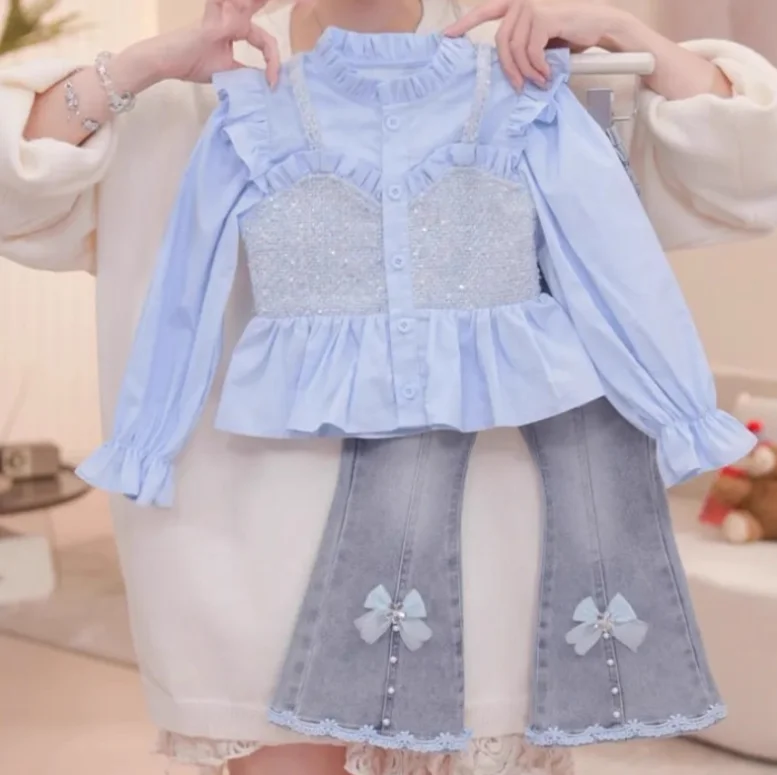 

Новые осенние модные комплекты для маленьких девочек, синяя блузка + джинсовые брюки, элегантные костюмы принцессы, От 2 до 8 лет