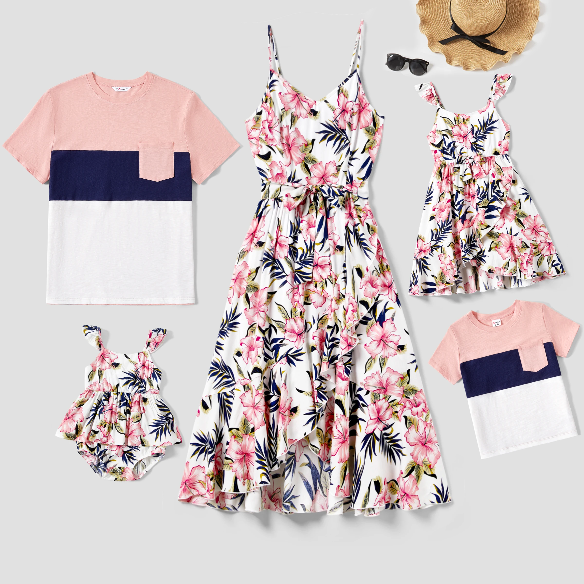 PatPat Family Matching Floral Wrap Bottom Strap Dress and Colorblock T-shirt Sets