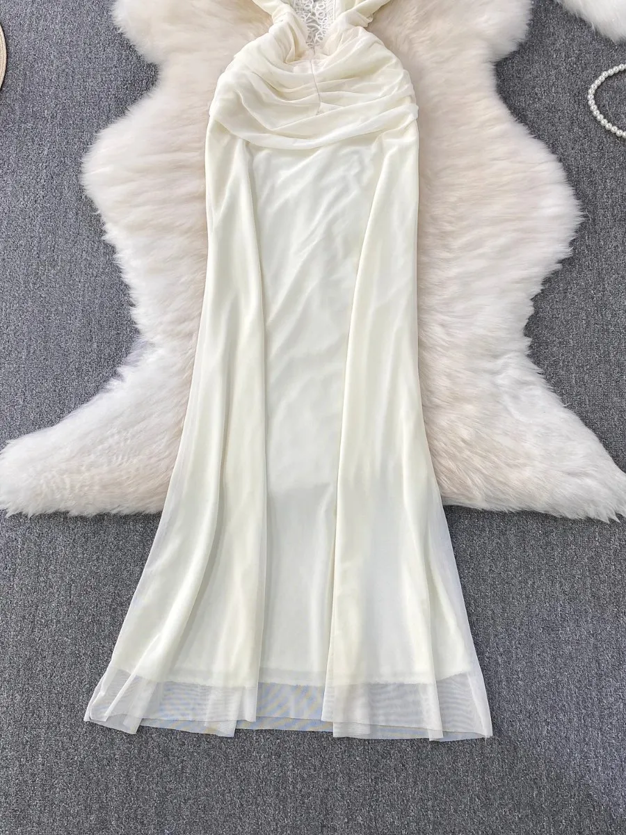 Foamlina Abito sexy con scollo a V e strass con cinturino alla caviglia Abito estivo da donna con ritaglio glamour in vita stretta a coda di pesce Abiti maxi eleganti