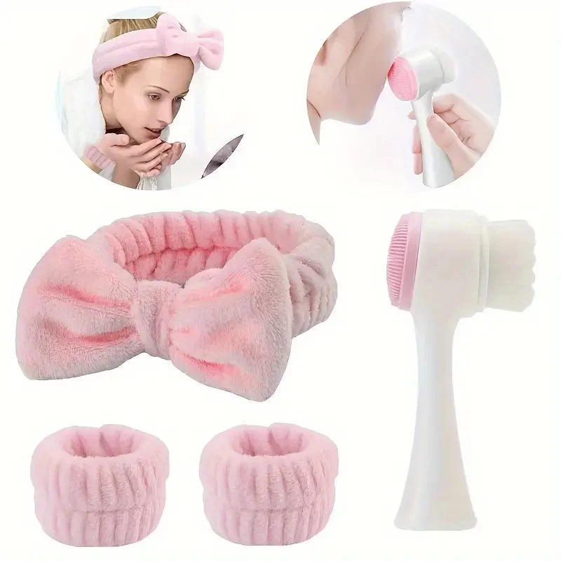 Ensemble de brosses nettoyantes pour le visage en silicone avec bande de sauna spa et bracelets, nettoyeur de pores, élimination des points noirs, 4 pièces