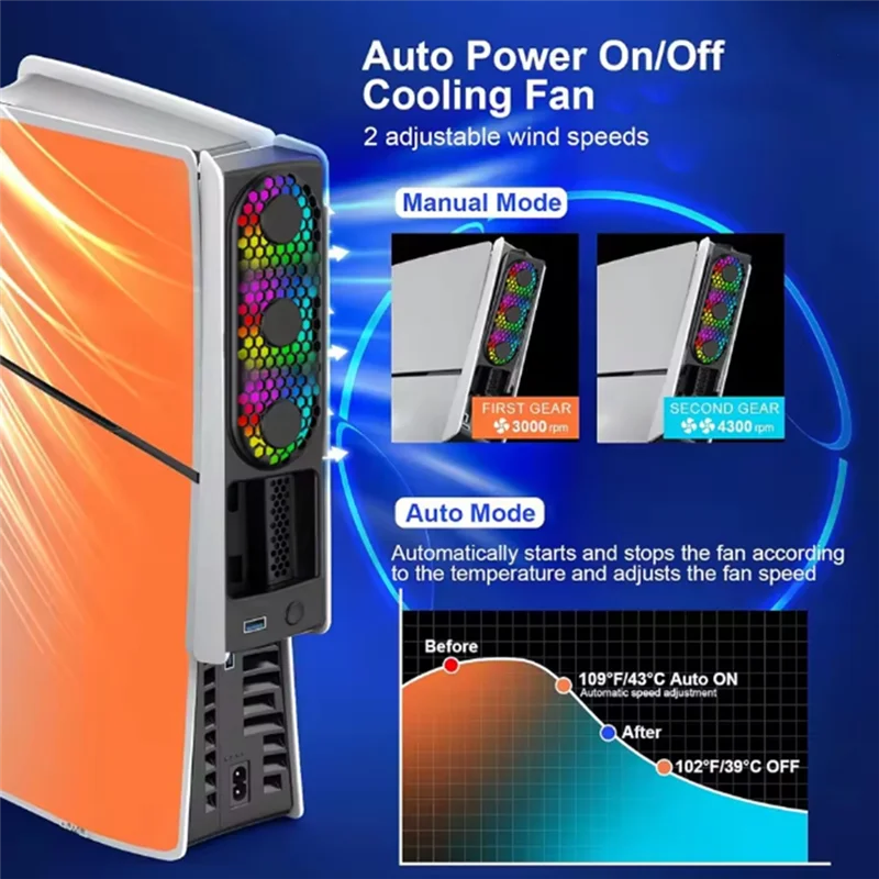 ABSQ-PS5 슬림/프로용 LED 조명 쿨링 팬 - 저소음, 고효율 냉각 시스템, 3단계 팬 속도 조절, USB 3.0 포트 탑재 PS5 쿨러